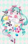  1girl :d animal_ears ankle_boots argyle argyle_background blue_hair bodystocking boots bow bright_pupils bunny_ears chungu drill_hair earrings eyebrows_visible_through_hair full_body hand_up hatsune_miku jewelry long_hair looking_at_viewer open_mouth pink_eyes round_teeth smile solo teeth twintails twitter_username upper_teeth very_long_hair vocaloid white_footwear white_pupils 