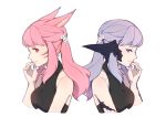  2girls animal_ears au_ra bangs cat_ears dragon_horns facial_mark final_fantasy final_fantasy_xiv halter_top halterneck hand_to_own_mouth horns long_hair lyra-kotto miqo&#039;te multiple_girls pink_eyes pink_hair profile purple_eyes purple_hair scales twintails upper_body whisker_markings white_background 