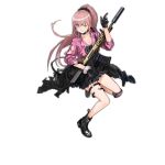  1girl assault_rifle bangs black_choker black_footwear black_gloves black_jacket black_scrunchie boots breasts character_name choker clothes_around_waist collarbone damaged earrings facial_mark full_body girls_frontline gloves grey_skirt grin gun hair_between_eyes hair_ornament hand_up holding holding_gun holding_weapon index_finger_raised infukun jacket jacket_around_waist jewelry logo long_hair looking_at_viewer medium_breasts multiple_piercings musical_note official_art one_eye_closed pink_eyes pink_hair pleated_skirt ponytail purple_shirt r5_(girls_frontline) remington_arms remington_r5_rgp rifle scope scrunchie shirt sidelocks single_knee_pad skirt smile solo stud_earrings suspenders thigh_strap torn_clothes transparent_background weapon white_scrunchie wrist_scrunchie 
