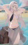  1girl an-94_(girls_frontline) aqua_eyes armpits arms_behind_head arms_up bare_shoulders beach bikini blue_sky blush breasts cleavage cloud girls_frontline hair_ornament hair_over_mouth hairband hairclip halterneck highres long_hair medium_breasts mountainous_horizon multicolored multicolored_bikini multicolored_clothes navel ocean partially_submerged ru_zhai sand sarong shore sidelocks silver_hair sky stomach swimsuit water 