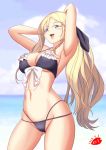  1girl arms_behind_head artist_logo beach bikini black_bikini blonde_hair blue_eyes blue_sky breasts cloud commentary_request cowboy_shot day frilled_bikini frills hair_between_eyes kantai_collection large_breasts long_hair mokerou mole mole_under_eye mole_under_mouth navel outdoors richelieu_(kantai_collection) sky smile solo standing swimsuit 