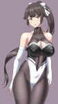  1girl azur_lane black_hair black_legwear bow breasts brown_eyes cameltoe cleavage cleavage_cutout commentary_request cowboy_shot grey_background hair_bow hair_flaps highres large_breasts logo long_hair looking_at_viewer muchabou multicolored_leotard pantyhose ponytail race_queen simple_background solo standing takao_(azur_lane) takao_(full_throttle_charmer)_(azur_lane) two-tone_leotard white_bow 