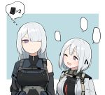  2girls :d ak-15_(girls_frontline) artificial_eye bangs bare_shoulders blue_background closed_mouth girls_frontline hair_over_one_eye highres junsuina_fujunbutsu long_hair looking_at_another looking_to_the_side multiple_girls one_eye_closed open_mouth purple_eyes rpk-16_(girls_frontline) short_hair silver_hair smile speech_bubble strap tactical_clothes 