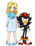  2019 912milky anthro big_eyes black_body black_fur blonde_hair blue_clothing blue_dress blue_eyes blue_footwear blue_shoes clothing dress duo eulipotyphlan female footwear frown fur gloves hair hand_holding hand_on_hip handwear hedgehog hi_res human male mammal maria_robotnik red_eyes shadow_the_hedgehog shoes simple_background sonic_the_hedgehog_(series) standing white_background 