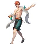  1boy abs argon_(exys) belt drink fire_emblem fire_emblem:_three_houses fire_emblem_heroes flower food full_body highres ice_cream jewelry male_focus navel necklace official_art orange_hair sandals shirtless solo sunglasses swimsuit sylvain_jose_gautier towel transparent_background 