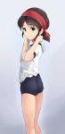  1girl ass black_eyes black_hair blue_buruma buruma commentary_request from_behind grey_background gym_uniform headband highres legs looking_back original ponytail qm shirt short_hair short_ponytail short_sleeves simple_background smile solo thighs white_shirt 