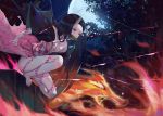  1girl barefoot black_hair blurry blurry_background bow breasts cleavage collarbone fire floating_hair forest full_body full_moon gradient_hair hair_bow highres horns japanese_clothes kamado_nezuko kimetsu_no_yaiba kimono long_hair moon multicolored_hair nature nekobell night no_panties open_clothes open_kimono orange_hair outdoors pink_kimono red_eyes shiny shiny_hair single_horn small_breasts solo squatting very_long_hair white_bow 