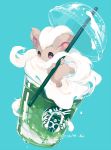  blue_background cinccino closed_mouth commentary_request cream cup disposable_cup full_body gen_5_pokemon hideko_(l33l3b) highres logo_parody no_humans oversized_object pokemon pokemon_(creature) simple_background smile solo starbucks twitter_username water_drop 