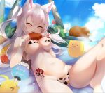  1girl absurdres alternate_costume animal_ears apple azur_lane bare_shoulders beach bikini blue_sky blush breasts cat day eating eyebrows_visible_through_hair fan food fruit hair_between_eyes hair_ornament heart highres holding holding_fan holding_food large_breasts long_hair lying manjuu_(azur_lane) meat micro_bikini moneko1107 navel on_back outdoors palm_tree saliva saliva_trail sidelocks silver_hair sky swimsuit tattoo thick_eyebrows tray tree tropical two-tone_bikini yuudachi_(azur_lane) 