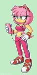 1:2 2020 accessory amy_rose anthro breasts cellphone clothing eulipotyphlan female footwear gloves green_eyes hair_accessory hairband half-closed_eyes handwear headphones hedgehog hi_res holding_cellphone holding_object holding_phone mammal narrowed_eyes omegasunburst phone simple_background solo sonic_the_hedgehog_(series) teeth video_games 