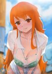  1girl atric18 bangs bikini blue_sky blurry blurry_background blush breasts brown_eyes cleavage closed_mouth cloud collarbone collared_shirt commentary day depth_of_field eyebrows_visible_through_hair green_bikini highres large_breasts leaning_forward long_hair looking_at_viewer nami_(one_piece) one_piece orange_hair outdoors see-through shirt shirt_tug sky solo swimsuit twitter_logo twitter_username very_long_hair web_address wet wet_clothes wet_shirt white_shirt 