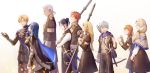  4girls 5boys annette_fantine_dominic arrow_(projectile) ashe_ubert black_hair blonde_hair blue_cape blue_eyes blue_hair bow bow_(weapon) byleth_(fire_emblem) byleth_(fire_emblem)_(female) cape closed_eyes closed_mouth crossed_arms dark_skin dark_skinned_male dedue_molinaro dimitri_alexandre_blaiddyd earrings felix_hugo_fraldarius fire_emblem fire_emblem:_three_houses from_side garreg_mach_monastery_uniform green_eyes grey_hair hair_bow highres holding holding_bow_(weapon) holding_weapon ingrid_brandl_galatea jewelry long_hair long_sleeves looking_to_the_side low_ponytail mercedes_von_martritz multiple_boys multiple_girls open_mouth orange_hair pantyhose parted_lips polearm quiver red_hair ruru_(lulubuu) scabbard sheath sheathed short_hair simple_background sword sylvain_jose_gautier twintails uniform weapon white_background 