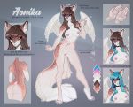  2020 4_toes 5_fingers anthro aomori areola breasts brown_hair canid canine digital_media_(artwork) feathered_wings feathers female fingers genitals hair hybrid mammal model_sheet nipples purple_eyes pussy solo toes white_body white_feathers wings 