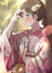  1girl absurdres arm_up bag blurry blurry_background blush brown_eyes brown_flower brown_hair cellphone closed_mouth commentary_request day depth_of_field floral_print flower grey_kimono hair_flower hair_ornament highres holding holding_phone japanese_clothes kimono long_sleeves looking_away original outdoors phone pomu ponytail print_kimono short_hair signature solo sweat tree upper_body white_flower wide_sleeves yukata 