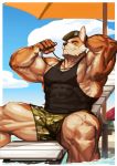  2020 5_fingers absurd_res anthro beach beach_umbrella beret biceps big_muscles black_nose blue_eyes bottomwear brown_nipples bulge canid canine canis chair clothing dog_tags domestic_dog fingers fur furniture hand_behind_head hat headgear headwear herding_dog hi_res humanoid_hands looking_at_viewer lounge_chair male mammal muscular muscular_anthro muscular_male nipples pastoral_dog quads seaside shirt shorts smile soldier solo tan_body tan_fur tank_top tight_clothing topwear traver009 triceps warrior welsh_corgi 