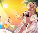  1girl bare_arms bare_shoulders bikini black_bikini black_choker black_scrunchie blonde_hair blurry_foreground breasts cherry choker cloud cup drink drinking_glass drinking_straw earrings eyewear_on_head floating_hair food from_side fruit hair_ornament hair_scrunchie highres hikari_(xenoblade_2) jewelry large_breasts lens_flare long_hair mebi_(mebieru) navel orange orange_sky orange_slice palm_tree ponytail scrunchie see-through sky solo standing stomach sun sunglasses sunset swimsuit table thigh_strap tree xenoblade_(series) xenoblade_2 yellow_eyes 