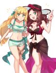  2girls bikini blonde_hair breasts brown_hair cleavage closed_mouth dorothea_arnault fire_emblem fire_emblem:_three_houses fire_emblem_heroes flower green_eyes gummy_(puffaluficus) hair_flower hair_ornament hat hat_flower ingrid_brandl_galatea large_breasts long_hair midriff multiple_girls nail_polish one_eye_closed open_mouth sarong see-through simple_background smile swimsuit white_background 