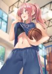  1girl :d alternate_costume alternate_hairstyle azur_lane ball bangs bare_shoulders basketball basketball_court basketball_uniform black_bra black_sports_bra blue_shirt blue_shorts blurry blurry_background blush bra breasts bremerton_(azur_lane) cleavage commentary_request cowboy_shot day depth_of_field eyebrows_visible_through_hair from_below grey_hair groin gym hair_between_eyes hair_intakes highres holding holding_ball indoors large_breasts lifted_by_self long_hair looking_away multicolored_hair navel navel_piercing no_mole open_mouth piercing pink_eyes pink_hair ponytail shimozuki_shio shirt shirt_lift shorts sidelocks sleeveless sleeveless_shirt smile solo sportswear standing steam stomach streaked_hair sweat two-tone_hair underboob underwear upper_teeth window 
