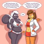  1:1 abs anthro breasts cleavage clothed clothing dialogue duo english_text felid female female/female hair lordstormcaller mammal mephitid pantherine skunk slightly_chubby text tiger 