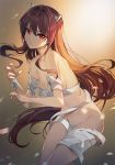  &gt;:) 1girl backlighting bandaged_arm bandaged_leg bandages bangs breasts brown_background brown_hair cleavage collarbone damda demon_girl demon_horns eyebrows_visible_through_hair fang fang_out fate/grand_order fate_(series) gradient gradient_background hair_intakes horns large_breasts leaning_forward long_hair motion_blur naked_bandage navel red_eyes scathach_(fate)_(all) scathach_(fate/grand_order) sidelocks smile solo v-shaped_eyebrows very_long_hair 