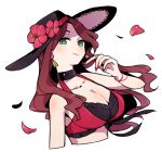  1girl breasts brown_hair choker cleavage closed_mouth dorothea_arnault earrings fire_emblem fire_emblem:_three_houses fire_emblem_heroes flower green_eyes haconeri hat hat_flower jewelry large_breasts long_hair nail_polish petals simple_background smile solo swimsuit upper_body white_background 