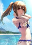  1girl :o absurdres ahoge anchor_print arm_up bangs beach bikini blue_ribbon blush breasts brown_eyes brown_hair cleavage cloud commentary_request cowboy_shot day hands_on_own_neck highres idolmaster idolmaster_shiny_colors kuwayama_chiyuki lens_flare long_hair looking_at_viewer looking_to_the_side medium_breasts miyar2d2 navel ocean open_mouth outdoors ponytail print_bikini ribbon sidelocks solo starfish_hair_ornament swimsuit water white_bikini 
