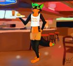  absurd_res anthro barefoot beverage black_body black_fur bottomwear burger canid canine clothed clothing detailed_background food fox fries fur girly green_eyes green_hair hair hi_res inner_ear_fluff koto_(kotofox) kotofox looking_at_viewer male mammal meme navel orange_body orange_fur smile soda tuft 