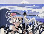  1boy afro animal bird black_hair camel_(one_piece) coat crossed_arms crossed_legs feleven giving ice kuzan_(aokiji) ocean one_piece pants penguin sitting sunglasses white_coat white_pants 