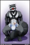  anthro ball_gag bdsm bodily_fluids bondage bound breathable_gag chair chair_bondage cum cum_on_ground cum_on_self diaper diezelraccoon eyes_closed fur furniture gag genital_fluids genitals grey_body grey_fur harness hi_res male mammal penis procyonid raccoon shiuk simple_background sitting solo 