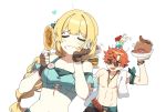  1boy 1girl ap_bar blonde_hair breasts brown_gloves cleavage closed_eyes closed_mouth drinking_straw eating fingerless_gloves fire_emblem fire_emblem:_three_houses fire_emblem_heroes food food_on_face glass gloves hamburger holding ingrid_brandl_galatea jewelry long_hair male_swimwear meat necklace open_mouth plate red_hair short_hair simple_background sunglasses swim_trunks swimsuit swimwear sylvain_jose_gautier white_background 