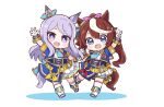  2girls :d animal_ears arm_up bangs blue_eyes blue_jacket blue_neckwear blue_ribbon blush boots brown_hair chibi collared_shirt colored_shadow commentary_request cropped_jacket ear_ribbon eyebrows_visible_through_hair glorious_azure_costume_(umamusume) gloves hair_between_eyes hair_ribbon highres hitomiz horse_ears horse_girl horse_tail jacket knee_boots long_hair mejiro_mcqueen_(umamusume) multicolored_hair multiple_girls open_clothes open_jacket pink_ribbon pleated_skirt ponytail puffy_short_sleeves puffy_sleeves purple_eyes purple_hair ribbon shadow shirt short_sleeves skirt smile streaked_hair tail thighhighs thighhighs_under_boots tokai_teio_(umamusume) umamusume very_long_hair white_background white_footwear white_gloves white_hair white_legwear white_shirt white_skirt 