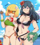  3girls arms_(game) artist_name banjo-kazooie bikini bird black_bikini blonde_hair blue_eyes blue_hair blue_sky blush_stickers breasts byleth_(fire_emblem) byleth_(fire_emblem)_(female) chibi cleavage closed_eyes closed_mouth cloud cup dagger day domino_mask fire_emblem fire_emblem:_three_houses fire_emblem_heroes flower glass green_eyes green_hair grin hair_flower hair_ornament highres holding holding_cup karbuitt kazooie_(banjo-kazooie) long_hair mask min_min_(arms) multiple_girls one-piece_swimsuit outdoors sheath sheathed sky smile sothis_(fire_emblem) sunglasses super_smash_bros. swimsuit water weapon 