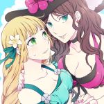  2girls blonde_hair breasts brown_hair cleavage dorothea_arnault earrings fire_emblem fire_emblem:_three_houses fire_emblem_heroes flower green_eyes hair_flower hair_ornament hat hat_flower ingrid_brandl_galatea jewelry large_breasts long_hair multiple_girls nail_polish parted_lips swimsuit totototope upper_body 