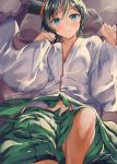  1girl aqua_eyes artist_name black_hair black_headwear blush collarbone furisode green_hakama hakama hat highres japanese_clothes kantai_collection kimono long_sleeves matsukaze_(kantai_collection) meiji_schoolgirl_uniform mini_hat mini_top_hat mizuta_kenji short_hair signature smile solo top_hat twitter_username white_kimono wide_sleeves 