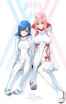  2girls :/ :d aqua_eyes arms_behind_back artist_name bangs blue_hair blunt_bangs blush bodysuit breasts chicke_iii closed_mouth commentary_request copyright_name covered_navel darling_in_the_franxx dated eyebrows_visible_through_hair full_body green_eyes grin hair_ornament hairband hairclip height_difference highres ichigo_(darling_in_the_franxx) knee_up large_breasts long_hair looking_at_viewer medium_breasts multicolored multicolored_background multiple_girls open_mouth pink_hair short_hair sidelocks sitting skin_tight smile teeth twitter_username very_long_hair white_bodysuit white_hairband zero_two_(darling_in_the_franxx) 