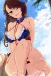  1girl bangs bare_shoulders beatrix_(granblue_fantasy) bikini blue_bikini blue_sky blush breasts brown_eyes brown_hair cleavage collarbone feet granblue_fantasy large_breasts legs long_hair looking_at_viewer open_mouth ponytail sitting sky smile soles swept_bangs swimsuit toes venomrobo 