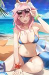  1girl animal_ear_fluff animal_ears bikini blue_bikini breasts cleavage collarbone eyebrows_visible_through_hair fang fate/grand_order fate_(series) fox_ears fox_girl fox_tail highres innertube large_breasts looking_at_viewer navel ocean one_eye_closed onk_(kkkarb) open_mouth outdoors palm_leaf pink_hair side-tie_bikini skin_fang solo sunglasses swimsuit tail tamamo_(fate)_(all) tamamo_no_mae_(swimsuit_lancer)_(fate) yellow_eyes 