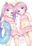  2girls :o bangs bare_arms bare_shoulders bikini bikini_skirt blue_eyes blush bow breasts carrying_under_arm closed_mouth commentary_request dated eyebrows_visible_through_hair hair_bow hair_ribbon hand_up happy_birthday heart highres hiiragi_kagami hiiragi_tsukasa holding_hands innertube long_hair looking_at_viewer lucky_star multiple_girls navel parted_lips pink_bikini polka_dot polka_dot_bikini purple_hair red_bow ribbon short_hair siblings simple_background sisters small_breasts standing swimsuit thigh_strap translation_request transparent twins twintails usashiro_mani very_long_hair white_background yellow_ribbon 