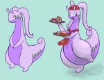  2020 ambiguous_gender beverage big_tail clothed clothing digital_media_(artwork) dragon food goodra green_eyes hat headgear headwear hi_res nintendo nude pok&eacute;mon pok&eacute;mon_(species) purple_body pyritie raised_leg scarf simple_background smile solo standing thick_tail thick_thighs video_games waiter 
