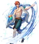  1boy abs argon_(exys) belt drink fire_emblem fire_emblem:_three_houses fire_emblem_heroes flower food full_body highres ice_cream jewelry male_focus navel necklace official_art open_mouth orange_hair sandals shirtless solo sparkle sunglasses swimsuit sylvain_jose_gautier teeth towel transparent_background water 