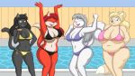  16:9 anthro beverage bikini breasts canid canine canis cleavage clothed clothing coyote domestic_cat felid feline felis female fox group hair hi_res lordstormcaller mammal rodent sciurid swimming_pool swimwear widescreen 