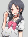  1girl black_hair blush eyewear_removed glasses idolmaster idolmaster_million_live! low_twintails narunaru1320 open_mouth school_uniform short_sleeves smile solo takayama_sayoko twintails 