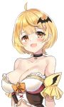  1girl :d ahoge bangs bare_shoulders bat_hair_ornament black_choker blonde_hair blush bow breasts choker cleavage collarbone detached_sleeves eyebrows_visible_through_hair fang frilled_sleeves frills hair_ornament highres hololive large_breasts open_mouth orange_bow orange_eyes short_hair short_sleeves simple_background skin_fang smile solo strapless unname upper_body virtual_youtuber white_background yozora_mel 