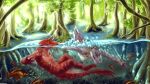  ambient_fish ambient_sealife anthro breasts crocodile crocodilian crocodylid danji-isthmus detailed_background duo female fish forest jewelry male marine nipples non-mammal_breasts nude partially_submerged reptile scalie swimming tagme teeth tree water yellow_eyes 