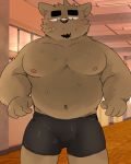  2020 anthro belly black_nose blush brown_body brown_fur bulge clothing fur hi_res kemono male mammal moobs navel nipples och5 overweight overweight_male solo underwear ursid 