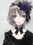  1girl black_choker choker expressionless flower grey_hair hair_flower hair_ornament looking_at_viewer nuwanko original purple_eyes purple_flower purple_rose ribbon_choker rose short_hair simple_background solo white_background 