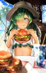  +_+ 1girl absurdres beach beach_house blurry_foreground dark_skin flower food granblue_fantasy green_eyes green_hair hair_over_one_eye hamburger hat hat_flower highres holding holding_food kolulu_(granblue_fantasy) nabeji_(wata_nb) ocean palm_tree swimsuit tree 