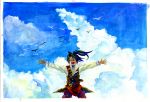  1boy animal arms_up belt belt_buckle bird black_hair blue_sky blush buckle closed_eyes cloud cloudy_sky flying gun long_hair male_focus n_sonota open_arms open_mouth outdoors pirate pirate_(sekaiju) ponytail sekaiju_no_meikyuu sky solo standing tongue traditional_media watercolor_(medium) weapon 