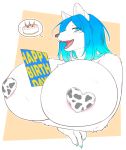  amad_no_moto anthro big_breasts birthday birthday_cake blue_eyes blue_hair blush breasts cake canid canine canis cow_pattern female food fur hair huge_breasts mammal nipple_tape open_mouth pasties simple_background solo tape teeth text white_body white_fur wolf 