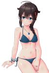  1girl ahoge alternate_costume arthur_ko bikini black_hair blue_bikini blue_eyes bracelet braid breasts hair_flaps hair_over_shoulder heart heart_lock_(kantai_collection) heart_necklace highres jewelry kantai_collection remodel_(kantai_collection) ring shigure_(kantai_collection) side-tie_bikini simple_background single_braid sitting small_breasts solo swimsuit wedding_band white_background 